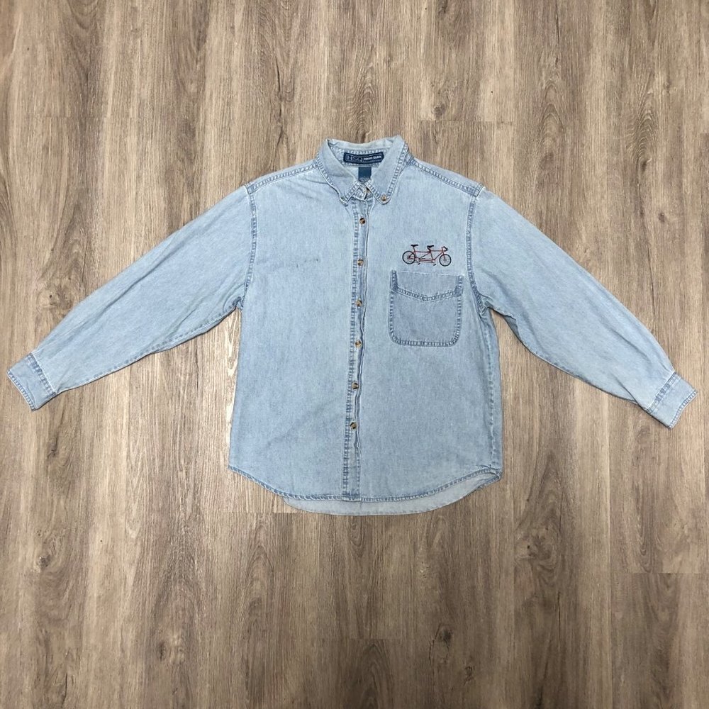 Vintage Button Up Denim Shirt with Bicycle Embroidery 90s Light Wash Jean Shirt